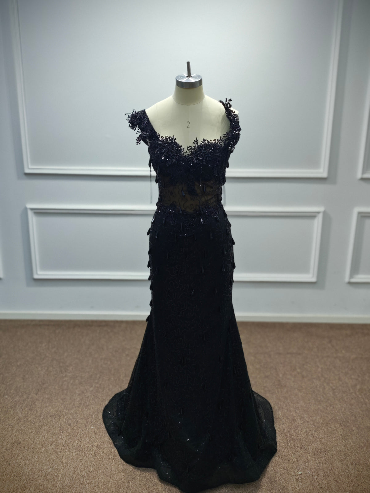 Luxury Black Sequin Mermaid Prom Dress – Illusion Corset Bodice with 3D Beaded Lace & Off-the-Shoulder Detail | 2026 Gothic Glamour Evening Collection