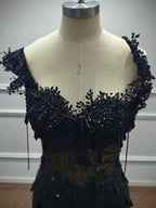 Luxury Black Sequin Mermaid Prom Dress – Illusion Corset Bodice with 3D Beaded Lace & Off-the-Shoulder Detail | 2026 Gothic Glamour Evening Collection
