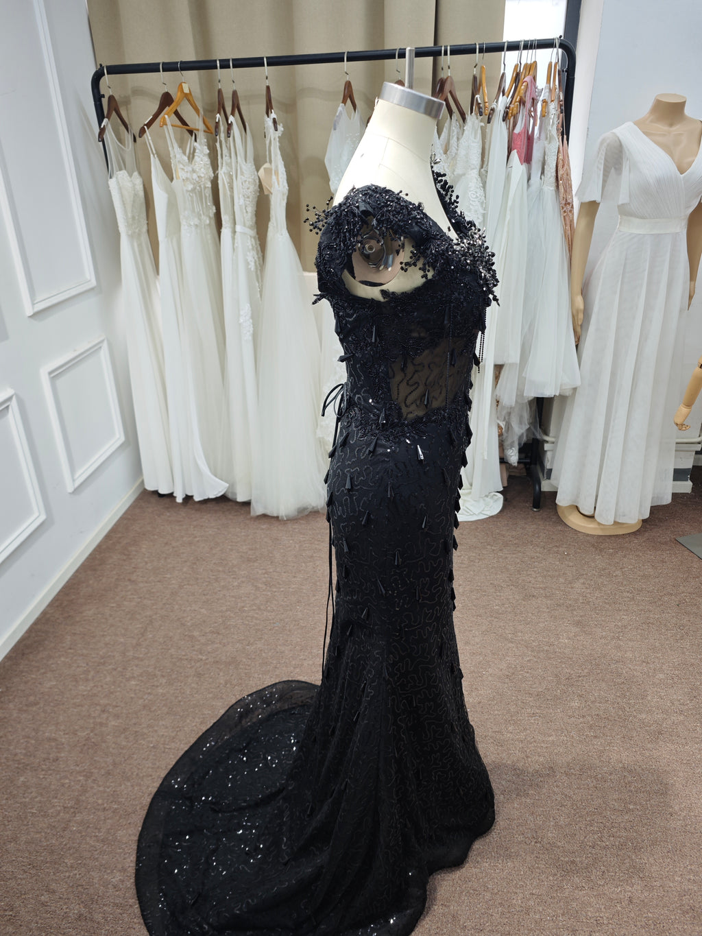 Luxury Black Sequin Mermaid Prom Dress – Illusion Corset Bodice with 3D Beaded Lace & Off-the-Shoulder Detail | 2026 Gothic Glamour Evening Collection