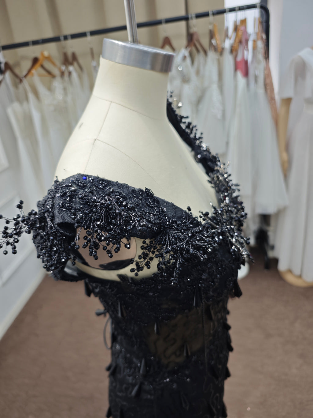 Luxury Black Sequin Mermaid Prom Dress – Illusion Corset Bodice with 3D Beaded Lace & Off-the-Shoulder Detail | 2026 Gothic Glamour Evening Collection