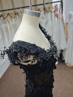Luxury Black Sequin Mermaid Prom Dress – Illusion Corset Bodice with 3D Beaded Lace & Off-the-Shoulder Detail | 2026 Gothic Glamour Evening Collection