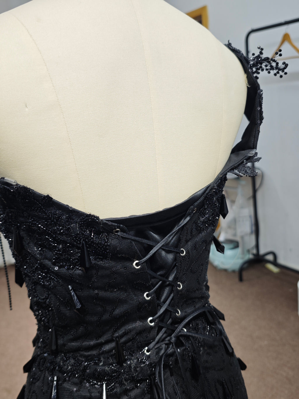 Luxury Black Sequin Mermaid Prom Dress – Illusion Corset Bodice with 3D Beaded Lace & Off-the-Shoulder Detail | 2026 Gothic Glamour Evening Collection