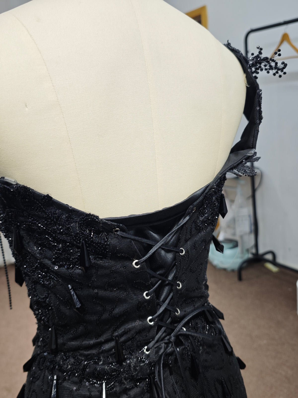 Luxury Black Sequin Mermaid Prom Dress – Illusion Corset Bodice with 3D Beaded Lace & Off-the-Shoulder Detail | 2026 Gothic Glamour Evening Collection