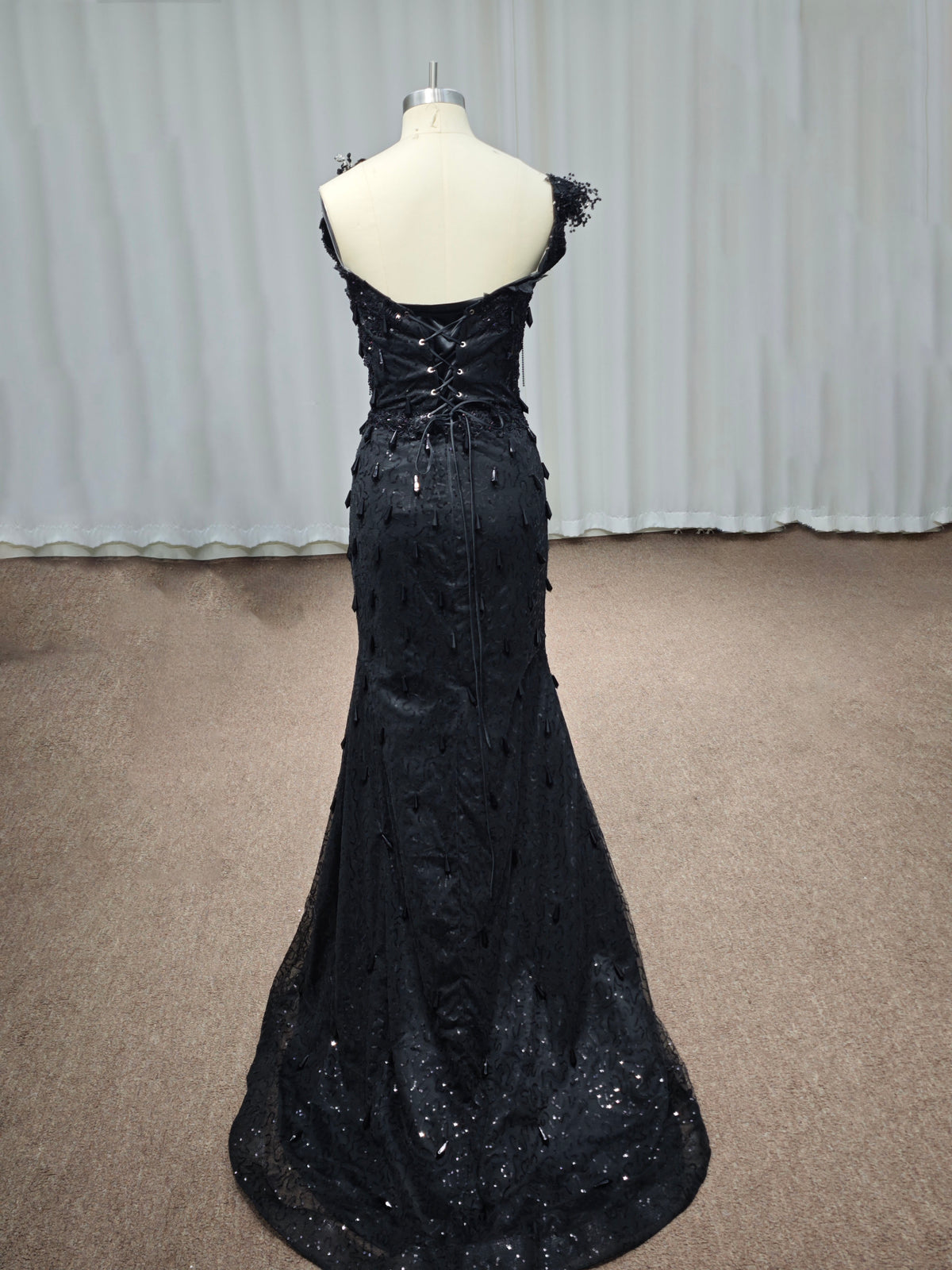 Luxury Black Sequin Mermaid Prom Dress – Illusion Corset Bodice with 3D Beaded Lace & Off-the-Shoulder Detail | 2026 Gothic Glamour Evening Collection