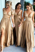 Robe de demoiselle d'honneur simple, économique, en ligne A, à encolure en V, longue jusqu'au sol, avec fente