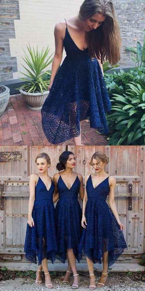 Vestido de dama de honor de corte A con escote en V, encaje y tirantes finos en rosa/azul marino, MB183 