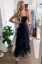 Elegantes A-Linien mehrlagiges Tüllkleid in Schwarz für den Abschlussball, durchsichtiges Korsett langes Abendkleid, Abschlusskleid Y653