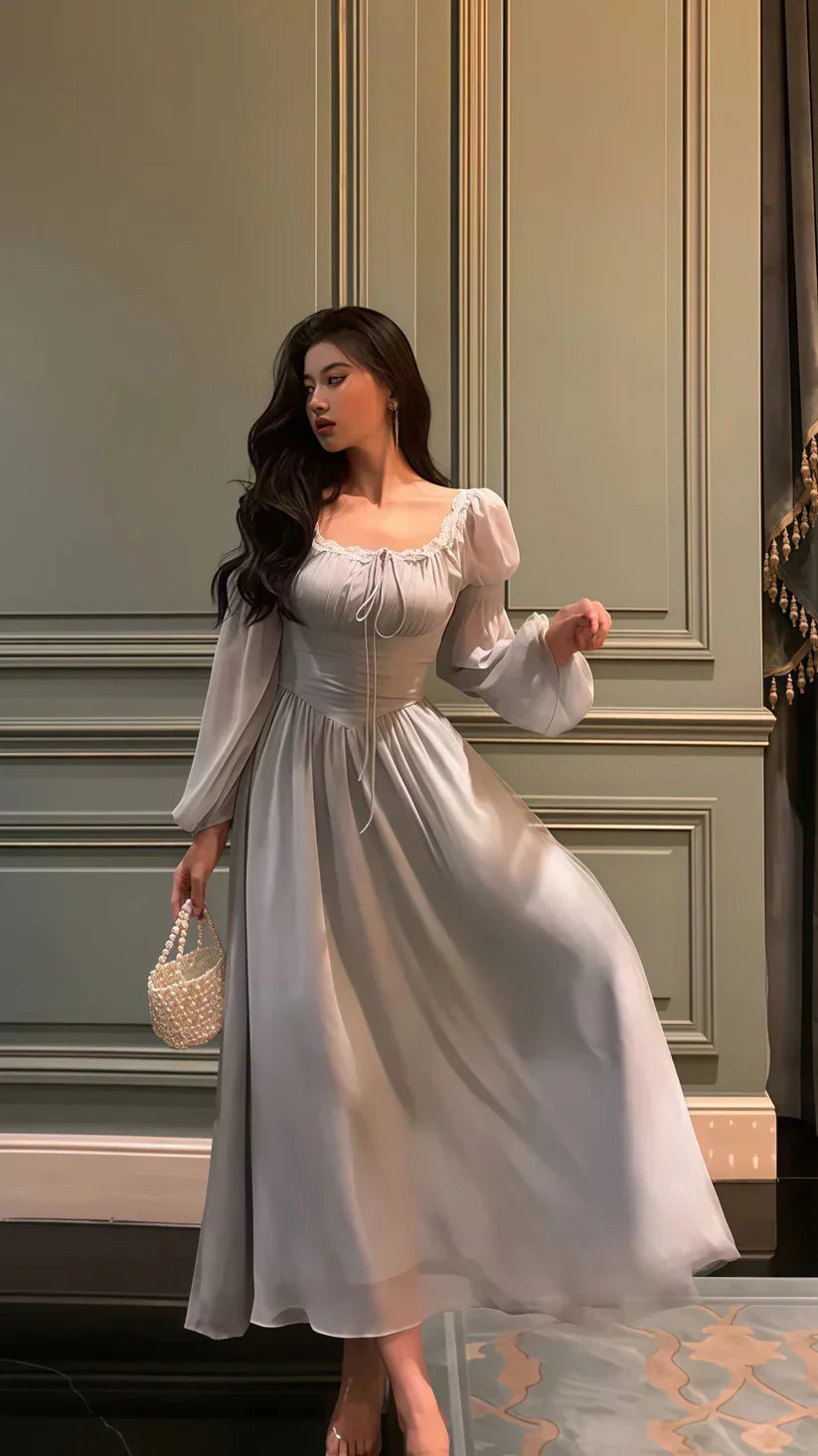 Vestido de Festa Elegante Cinzento em Chiffon com Renda e Mangas Compridas para Baile de Finalistas Y8021