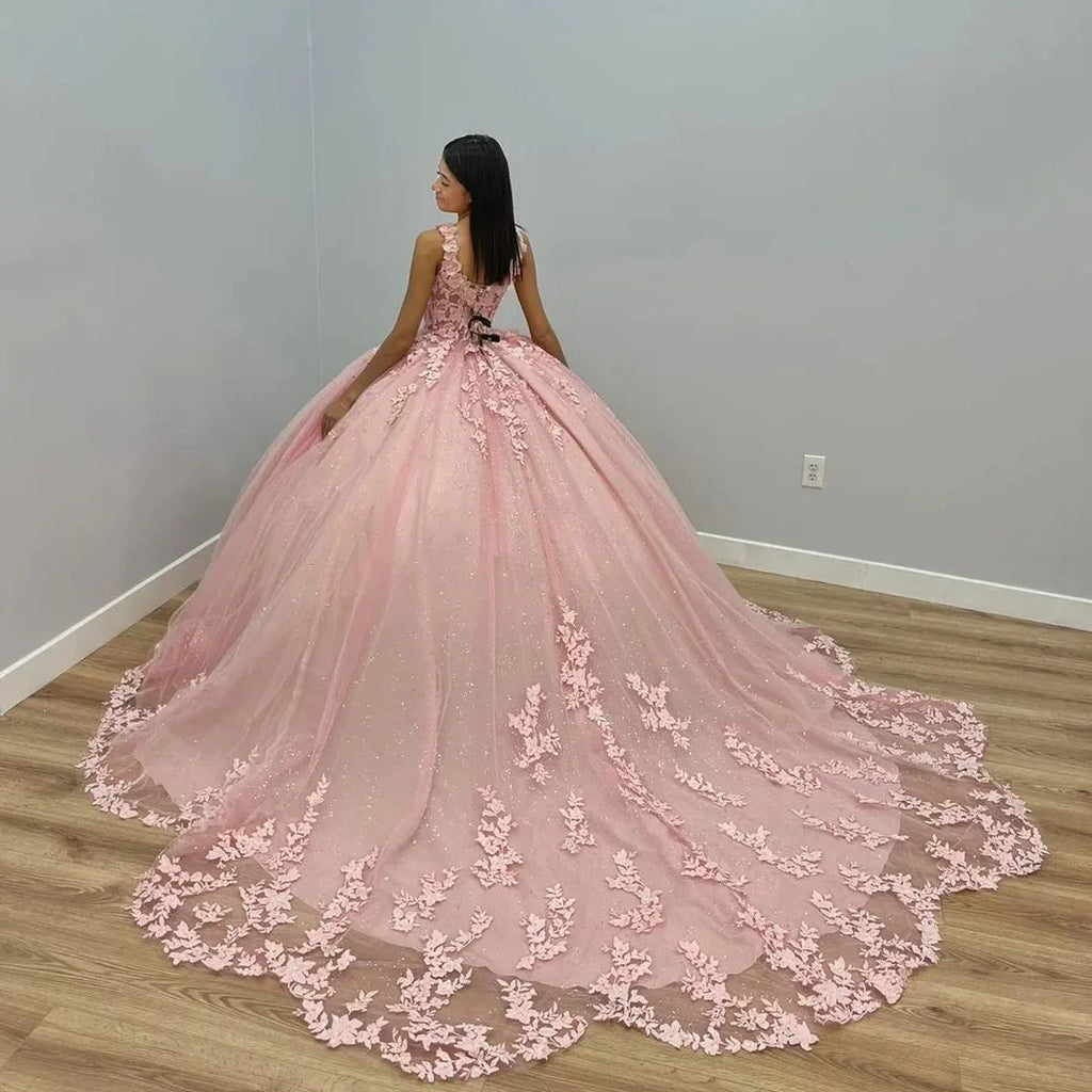 Vestidos cor-de-rosa para Quinceañera com Aplicações de Renda Vestido de Baile Mexicano para 15º Aniversário Y4675