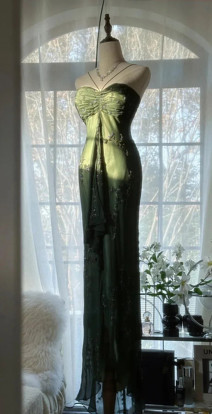 Vestido Vintage Justo Verde Escuro em Cetim com Contas para Baile Vestido Longo de Noite Y8557