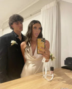Vestido de noite longo sem costas marfim com gola halter Y7189