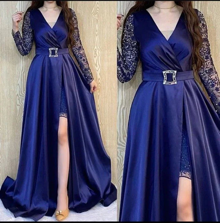 فساتين سهرة أنيقة بقصة على شكل حرف A وياقة على شكل V وأكمام طويلة Y5786