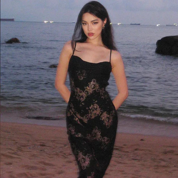 Vestido largo de fiesta negro con encaje sexy, tirantes finos, vestido de noche Y8001