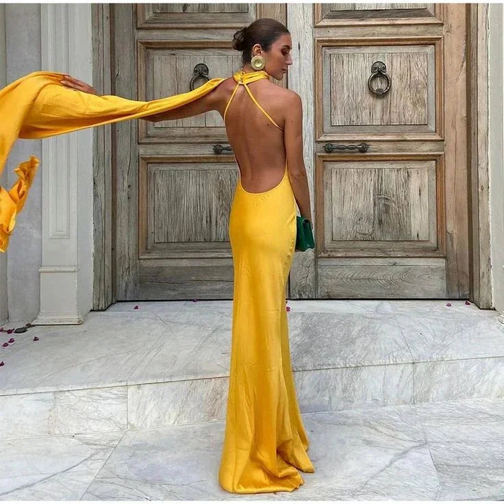 فستان سهرة طويل أصفر ساتان بدون ظهر وكتف مكشوف Y8466