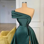Nuevos vestidos largos de satén para la noche, elegantes, con fruncidos, cuentas de cristal, abertura, un solo hombro, vestidos de gala formales para mujer, vestidos de fiesta S23314