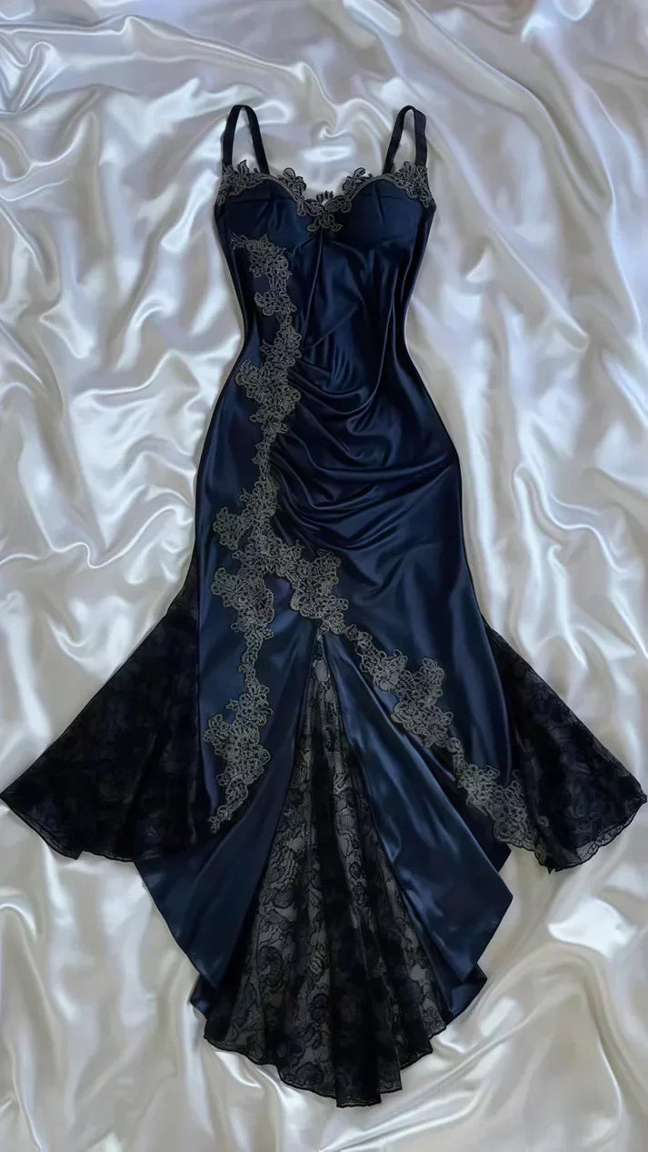 Vintage marineblaue Satin-Spitzenapplikationen Meerjungfrau-Abendkleid Ballkleid Y8497