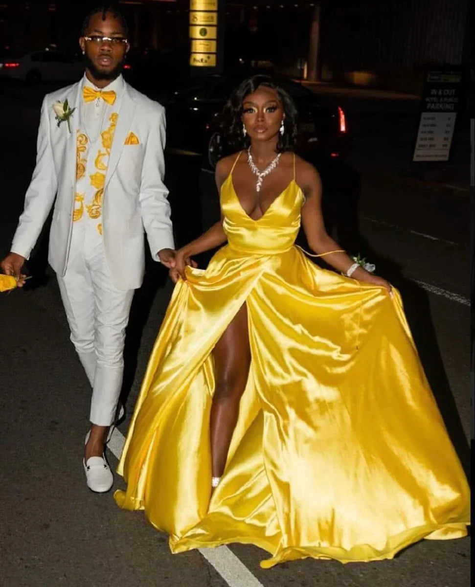 Classic A-line Yellow Satin Evening Dress,Yellow Prom Gown Y4227