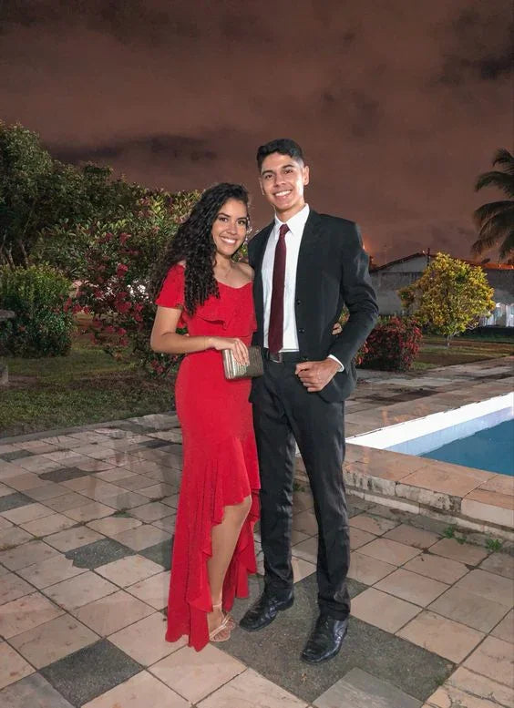 Vestido de noche sirena rojo con dobladillo alto y bajo Vestido de fiesta rojo Y5701