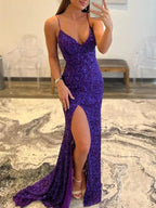 Vestido largo de sirena con escote en V, espalda descubierta, lentejuelas, para baile de graduación, con abertura, púrpura, vestido formal de noche Y7403