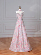 Vestido de Baile Deslumbrante Rosa com Lantejoulas e Contas em Corte A Vestido de Noite Y8637