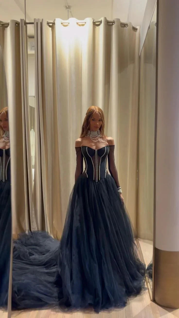 Vestido longo elegante de tule azul-marinho com contas para baile, ombros descobertos, vestido de festa e noite Y8380