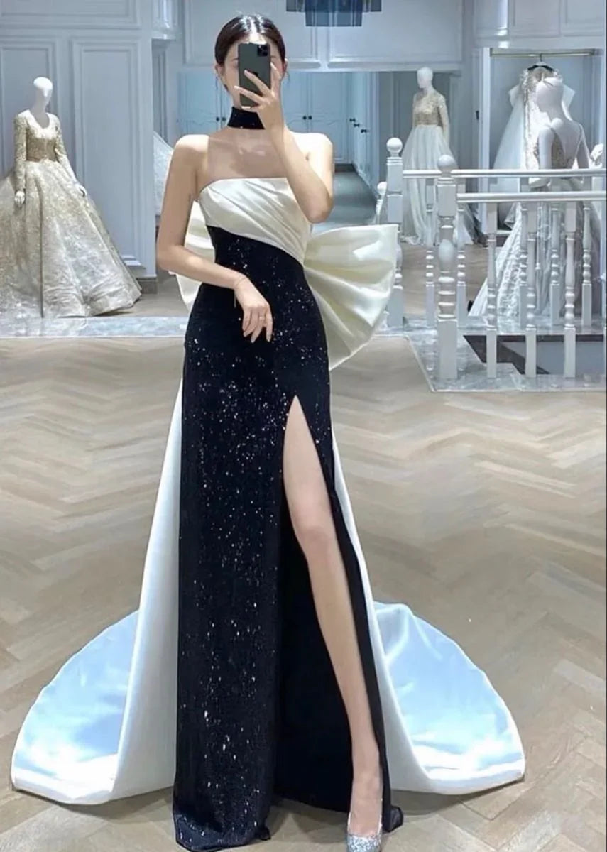 Vestido de noite elegante para senhora, cauda de sereia, saia comprida, design em cores contrastantes preto e branco, modelo Y4553, muito procurado