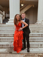 Vestido de fiesta rojo con falda en línea A y volantes Vestido de noche rojo Y6371