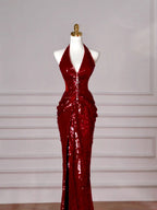 Vestido de Noite Sexy Borgonha com Lantejoulas, Alças ao Pescoço, Decote em V, Sem Costas, Estilo Sereia Y8628
