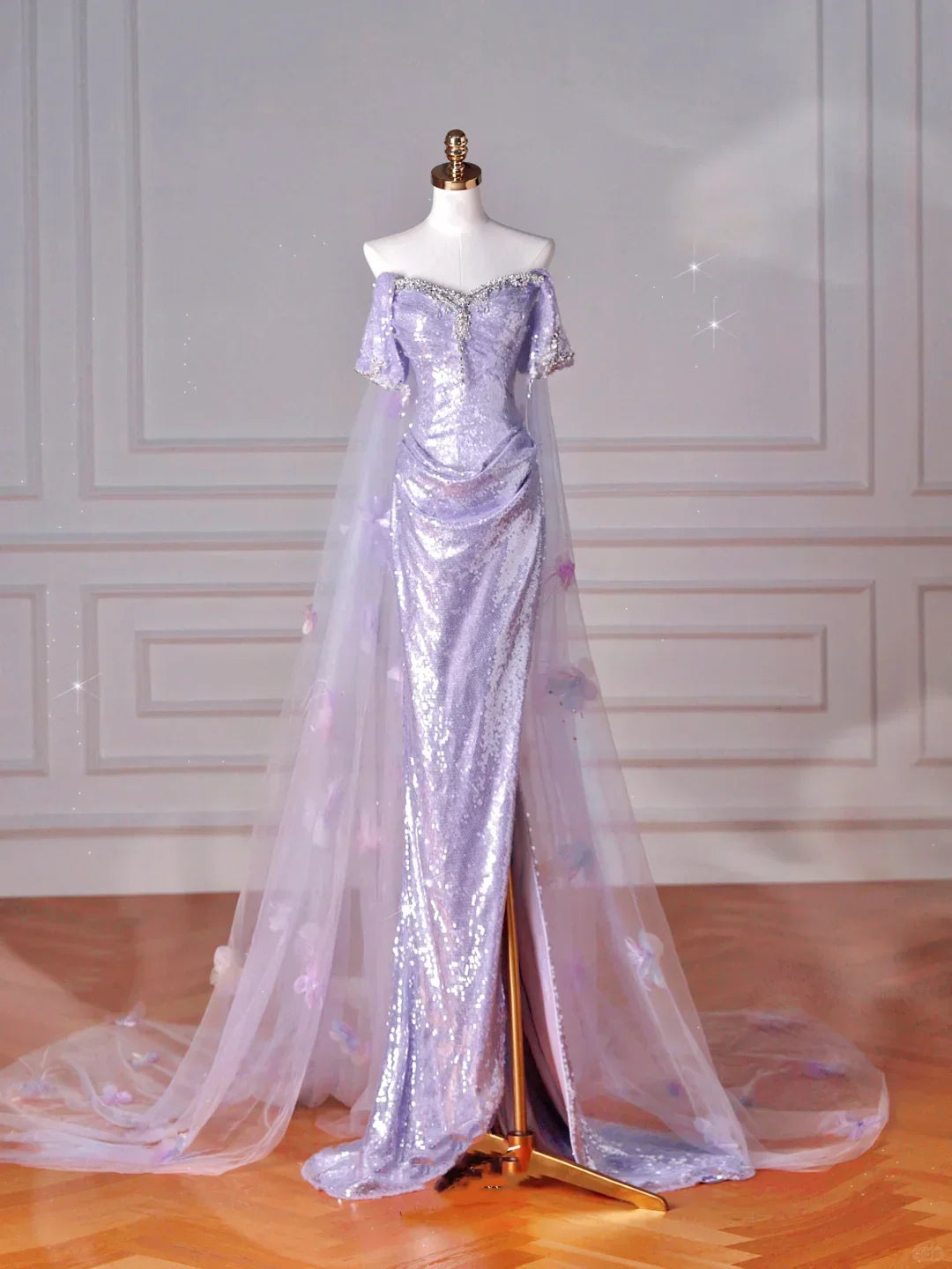 Vestido de noite lilás com lantejoulas, tule e contas, estilo sereia com racha, ombros descobertos, apliques de tule, vestido de baile Y8632