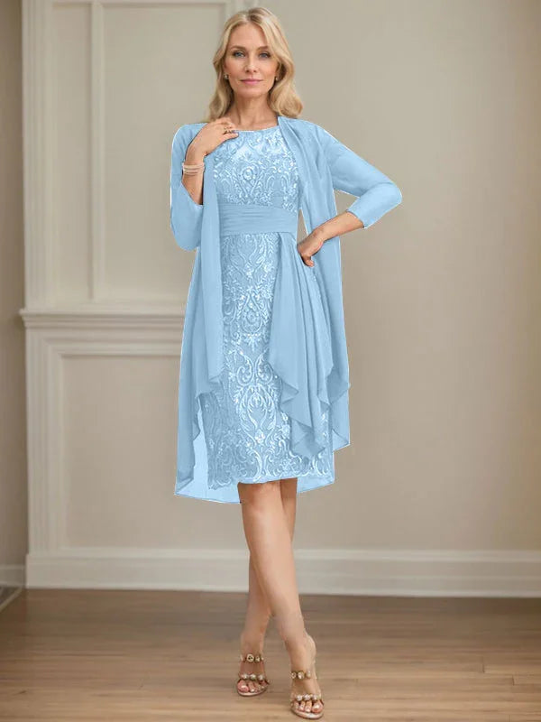 Etui/Säulenförmiges Kleid mit Illusion, knielang, aus Spitze und Chiffon, Brautmutterkleid mit herabfließenden Rüschen und Pailletten