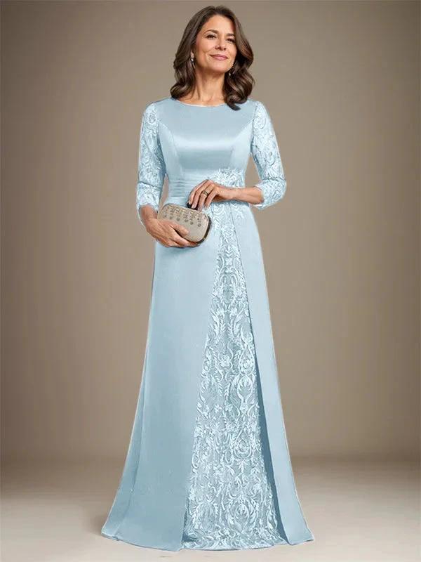 A-Line Scoop Floor-Length Lace Satin Mother Of the Bride Dress With Applique by Dreamylily