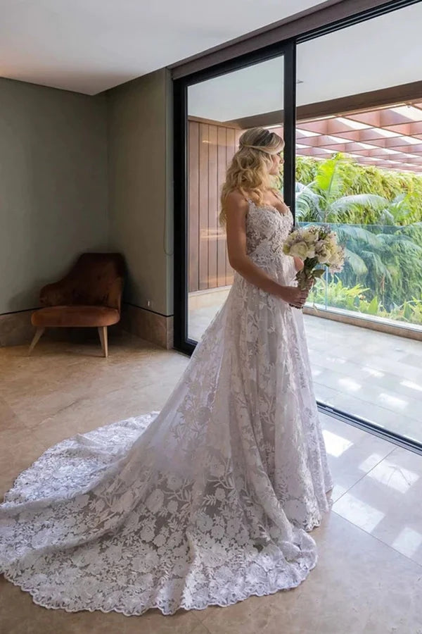 Ball Gown Lace White Wedding Dress With Detachable Long Sleeves
