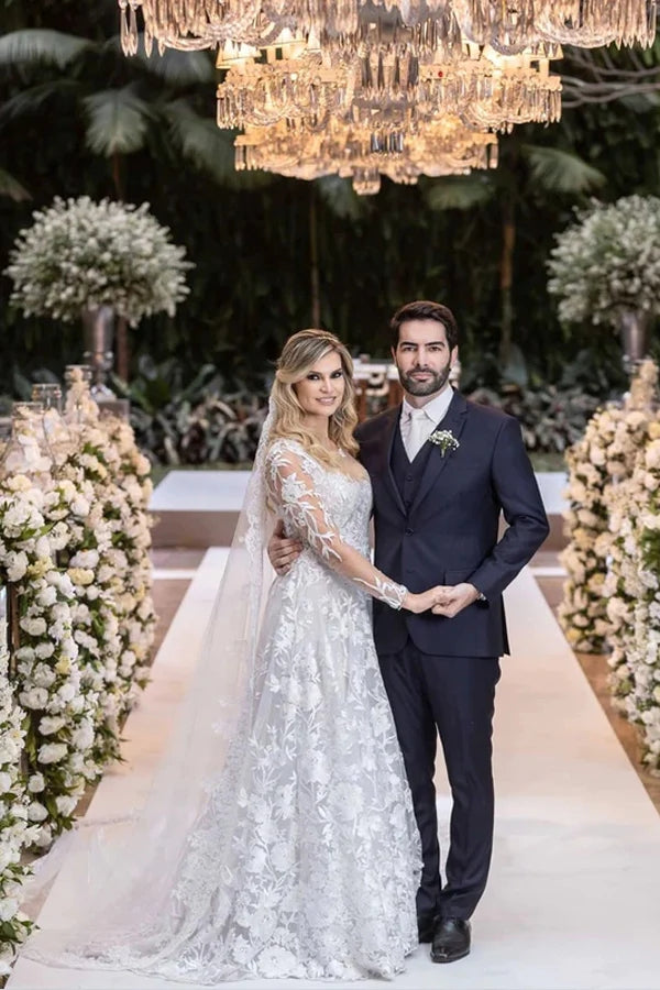 Ball Gown Lace White Wedding Dress With Detachable Long Sleeves