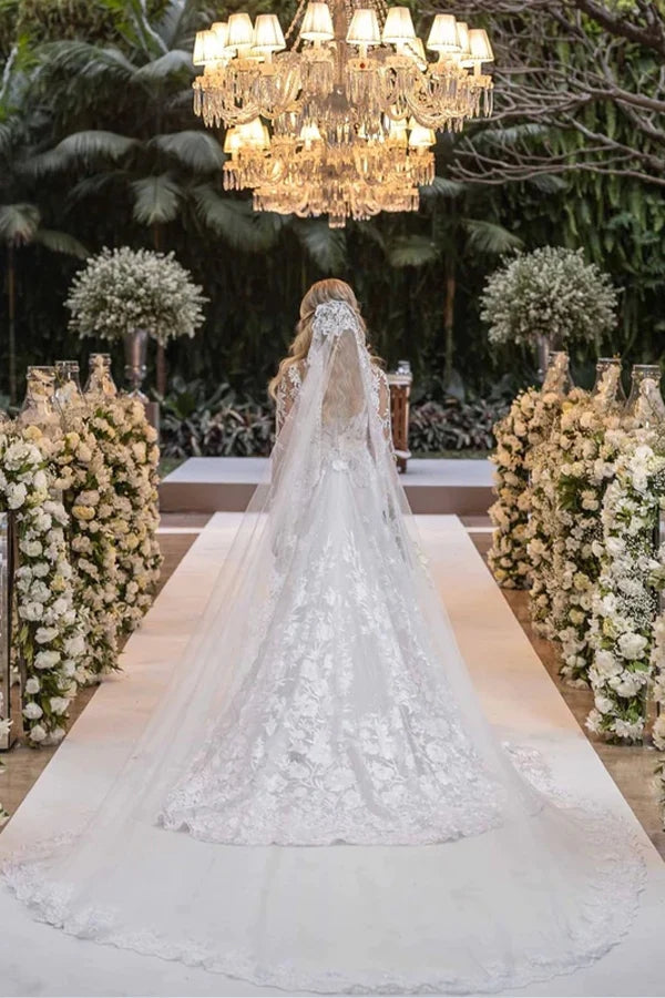Ball Gown Lace White Wedding Dress With Detachable Long Sleeves