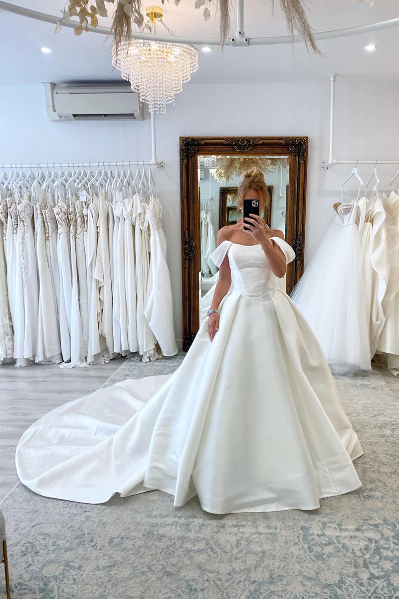 Ball Gown Off The Shoulder Satin Simple Wedding Dress Bridal Gown