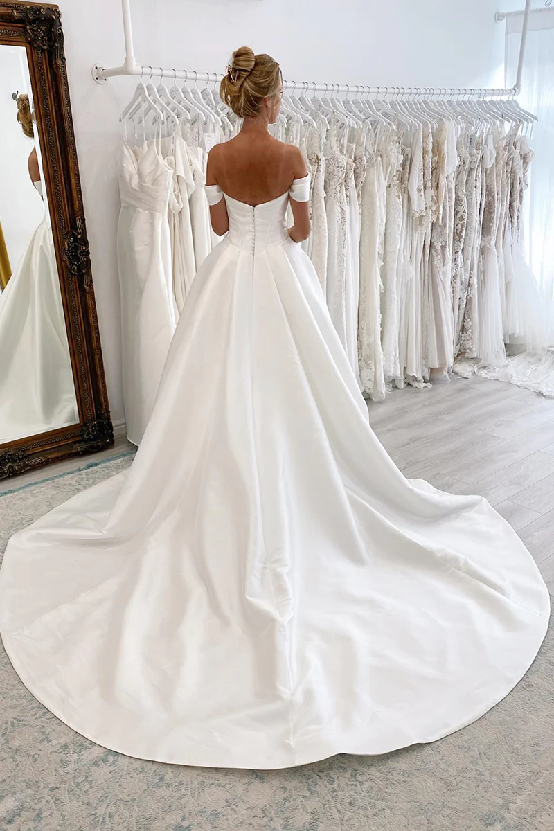 Ball Gown Off The Shoulder Satin Simple Wedding Dress Bridal Gown