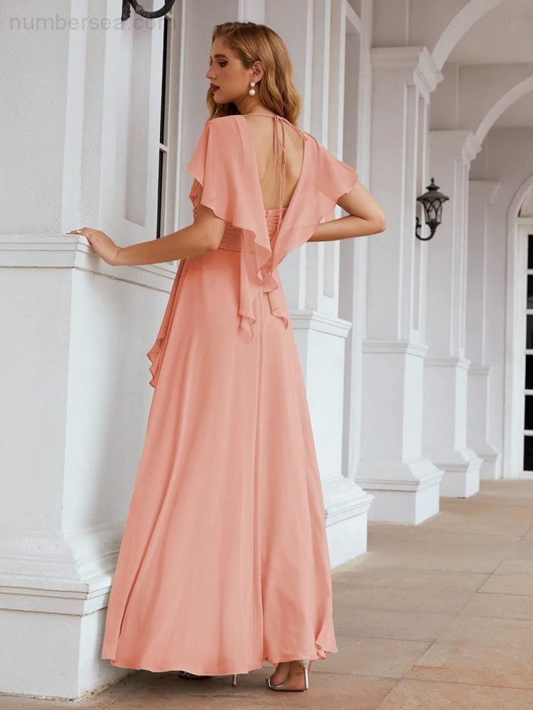 Chiffon Bridesmaid Dresses Long Formal Evening Prom Mother of The Bride Dress with Flutter Sleeve SEA28040