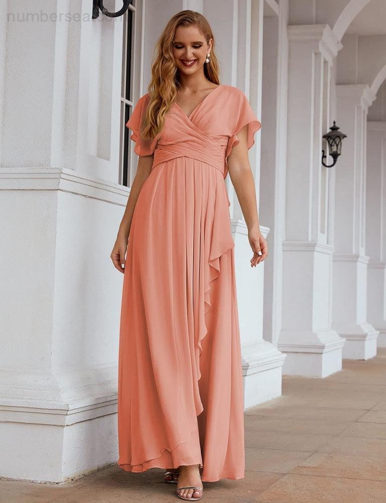 Chiffon Bridesmaid Dresses Long Formal Evening Prom Mother of The Bride Dress with Flutter Sleeve SEA28040