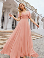 Wrap V-Neck Chiffon Bridesmaid Dresses Long Formal Maxi Evening Gown for Wedding Guests  SEA28049