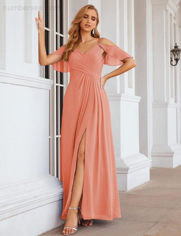 Chiffon Cold Shoulder Long Bridesmaid Dresses Plus Size Formal Prom Gowns for Women Party Wedding SEA28070