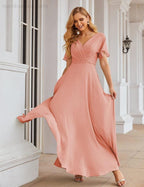Wrap V-Neck Chiffon Bridesmaid Dresses Long Formal Maxi Evening Gown for Wedding Guests  SEA28049