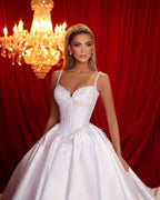 A Line Spaghetti Straps Sleeveless Ruffled Satin Train White Long Wedding Dress