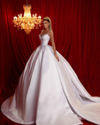 A Line Spaghetti Straps Sleeveless Ruffled Satin Train White Long Wedding Dress