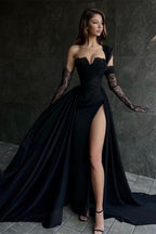 Beautiful Black Long A line One Shoulder Sleeveless Lace Prom Dress With Sit