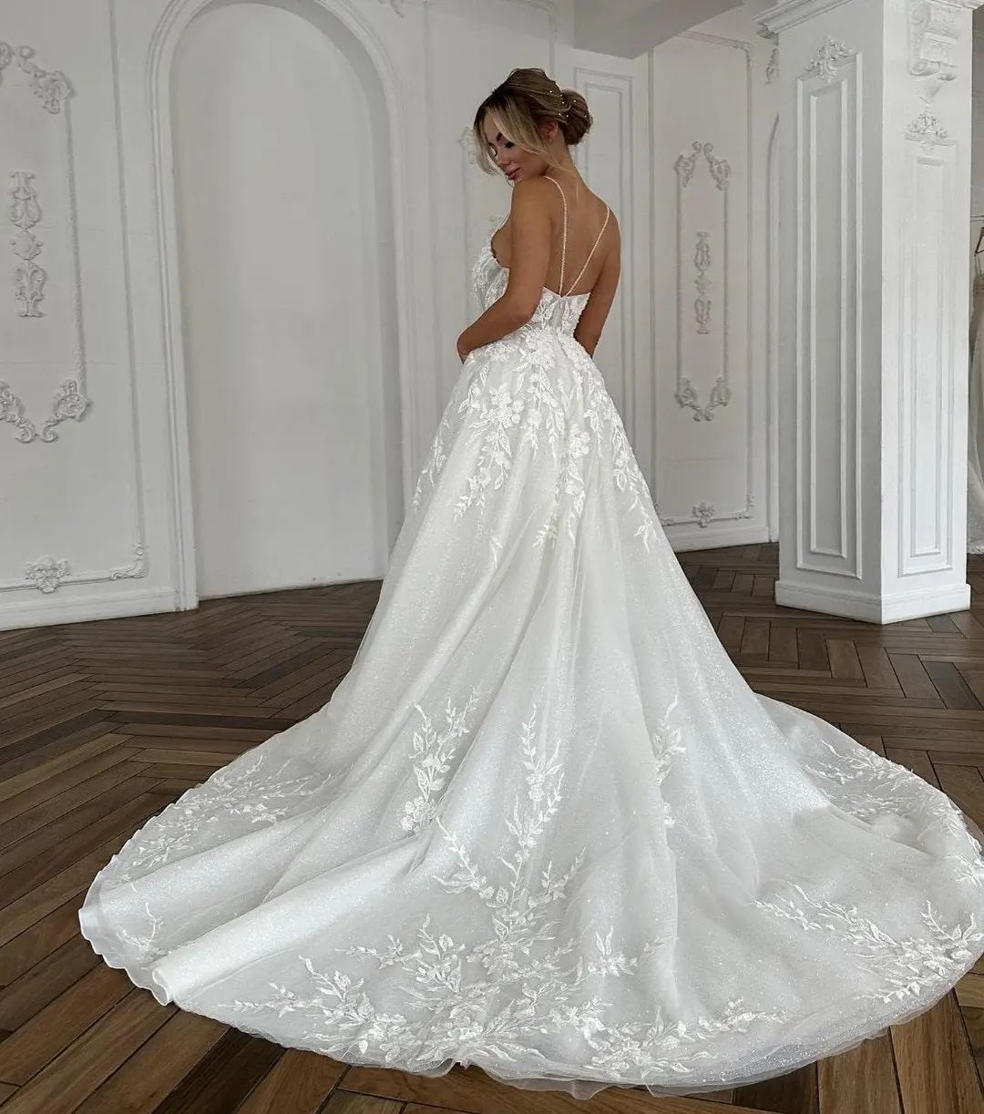Ivory A Line Wedding Dress With Lace Spaghetti Straps And V Neck