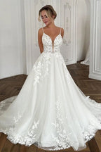 Ivory A Line Wedding Dress With Lace Spaghetti Straps And V Neck