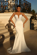 Ivory Long Mermaid Wedding Dress With Spaghetti Straps Lace Satin Corset
