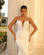 Ivory Long Mermaid Wedding Dress With Spaghetti Straps Lace Satin Corset