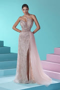Beautiful Long Mermaid One Shoulder Lace Tulle Prom Dress with Slit