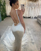 Gorgeous Long Mermaid Wedding Gown With Beaded V Neck Sleeveless Lace Backless